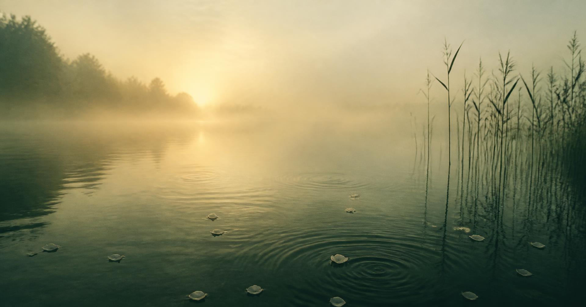 Mist over still water at dawn with floating petals